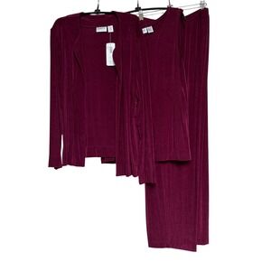 Chicos Travelers 3 Piece Set Cardigan Tank Pants Currant Burgundy Size 3 XL